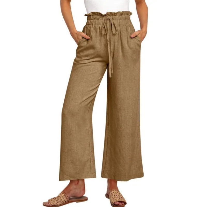Pantalon femme à jambes larges avec taille ajustable et poches latérales | Rêve Marron